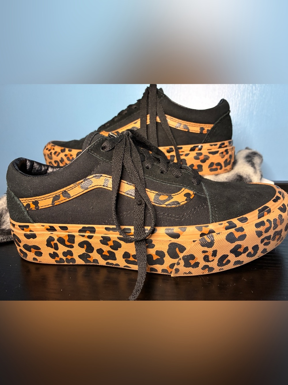 Vans Black Canvas Sneakers with Leopard-Print trim